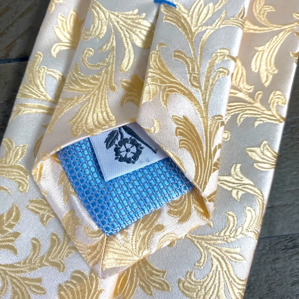 Penrose 100% Mulberry Silk Elegant Gold Jacquard  Leaf Print Tie Made in England